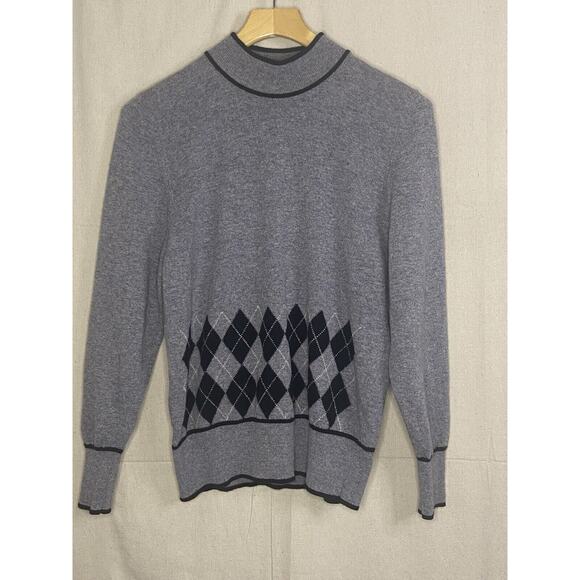 Vintage Jaeger Gray Lambs Wool Mock Neck Sweater Women Medium Argyle Dk Academia - Picture 1 of 7